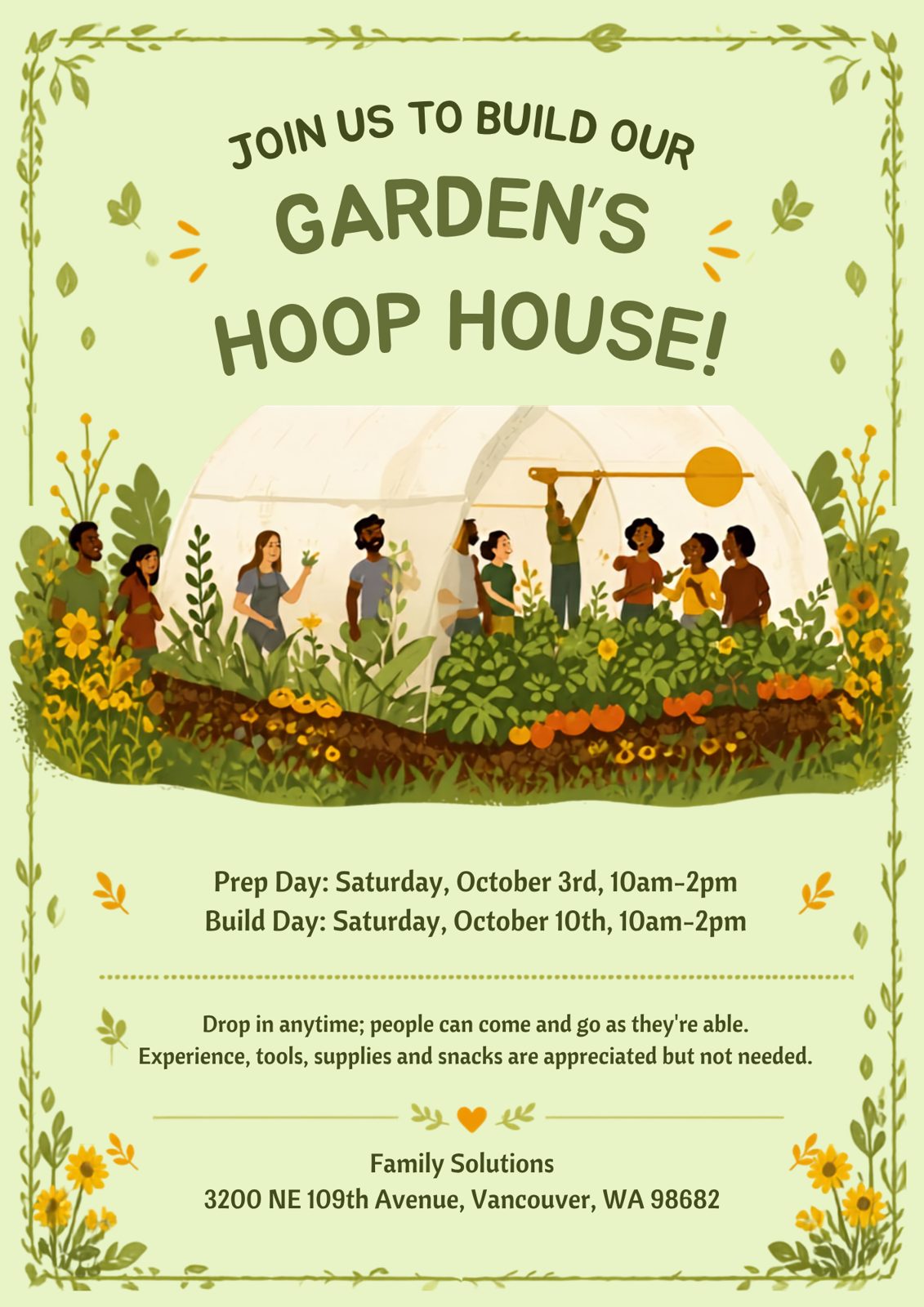 Join us to build our garden's hoop house! Prep Day Saturday October 3rd and Build Day Saturday October 10th, 10am to 2pm.