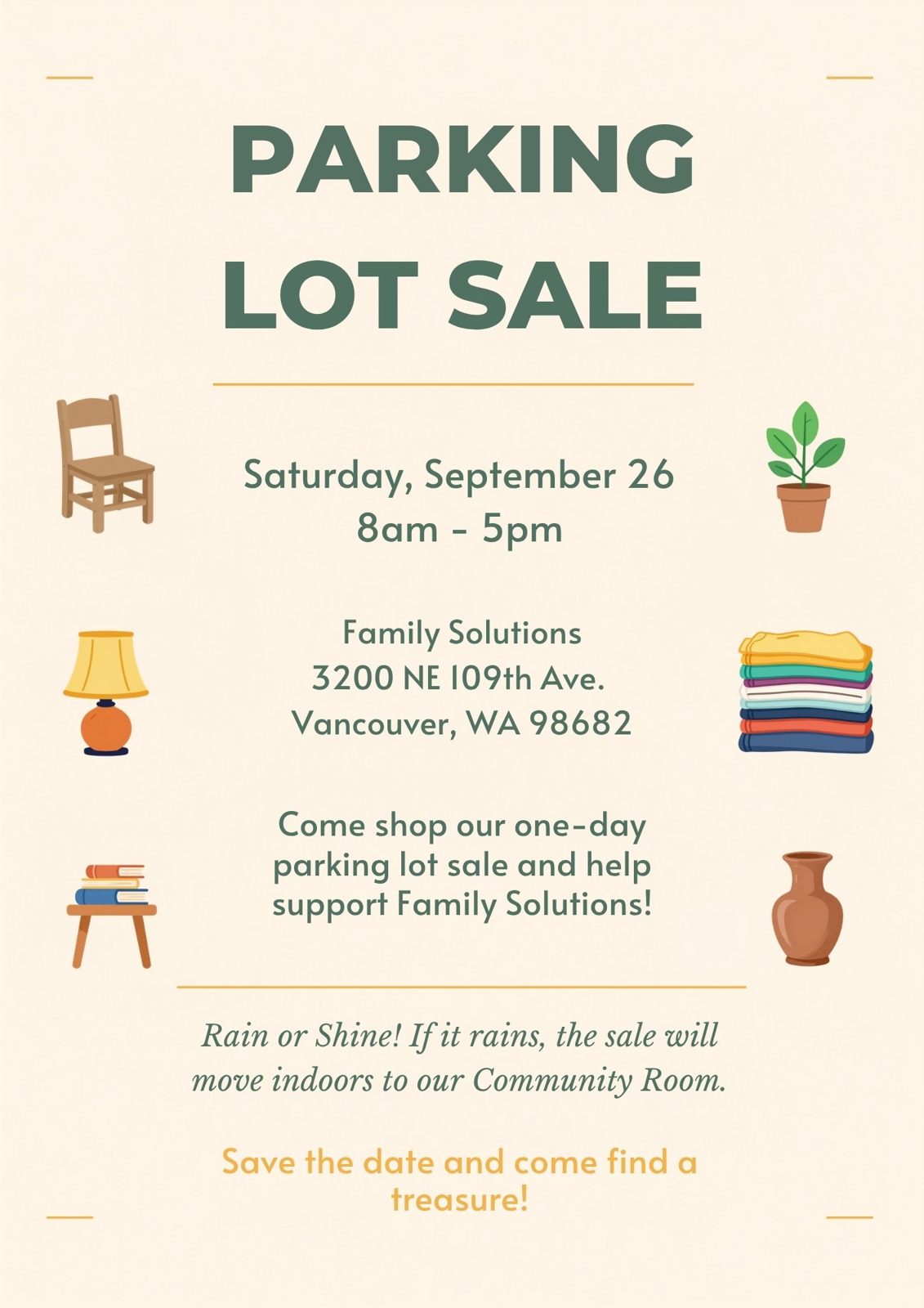 Parking Lot Sale flyer: Saturday, September 26, 8am to 5pm at Family Solutions.