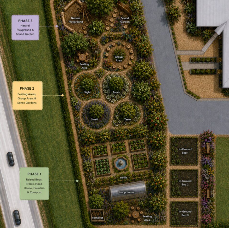 Aerial plan of the therapeutic garden, designed in phases
